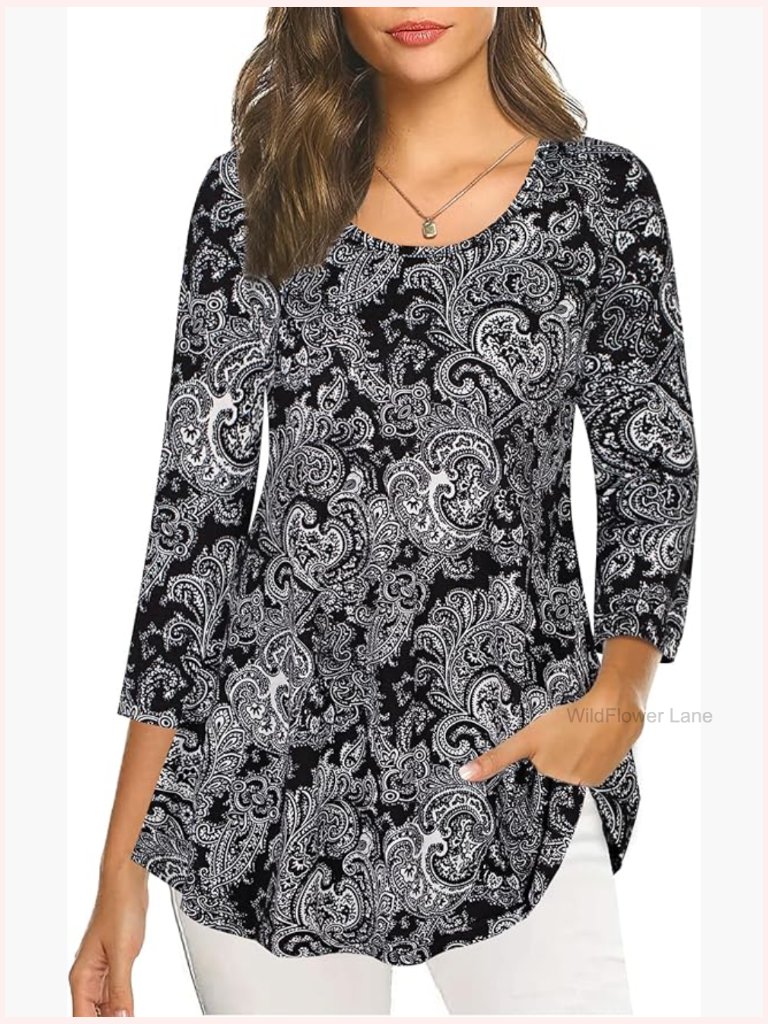 3/4 Sleeve Floral Tunic Blouse Stretchy Scoop Neck Loose Fit Top